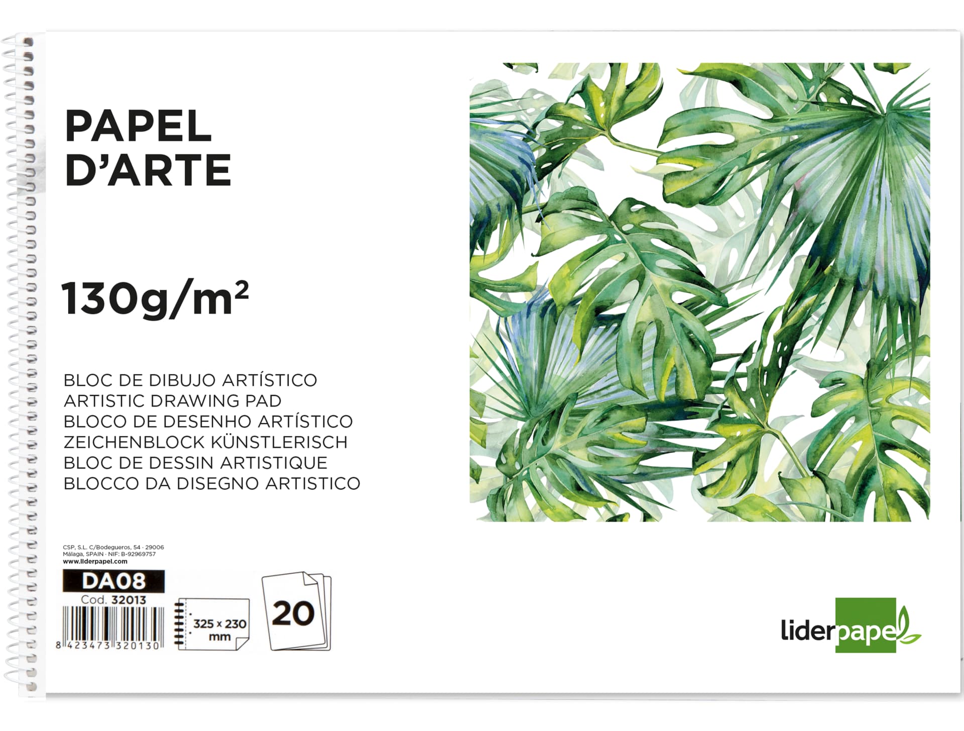 Bloc dibujo liderpapel artistico espiral 230x325mm 20 hojas 130g/m2 sin recuadro 2 taladros perforado