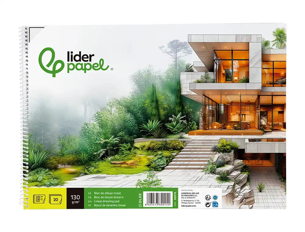 Bloc dibujo liderpapel lineal arquitectura espiral 230x325 mm 20 hojas 130g/m2 con recuadro perforado