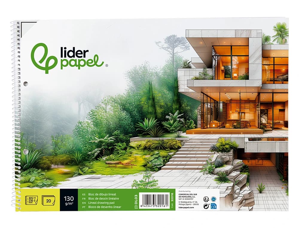 Bloc dibujo liderpapel lineal espiral 230x325mm 20 hojas 130gr/m2 con recuadro 2 taladros perforado