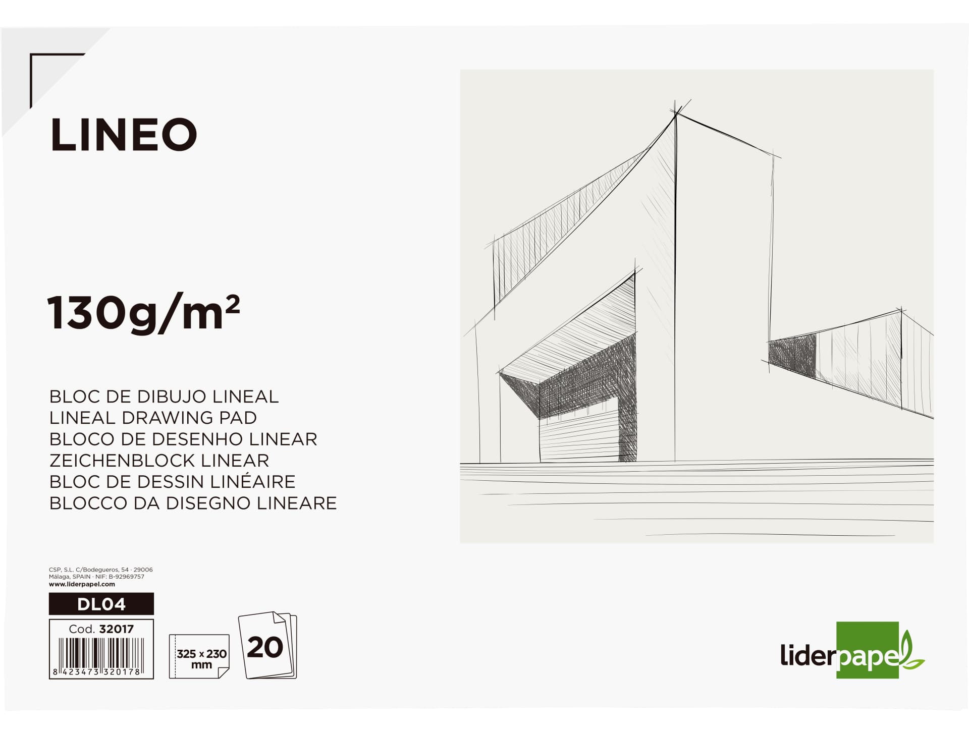 Bloc dibujo liderpapel lineal encolado 230x325mm 20 hojas 130 gr/m2 con recuadro