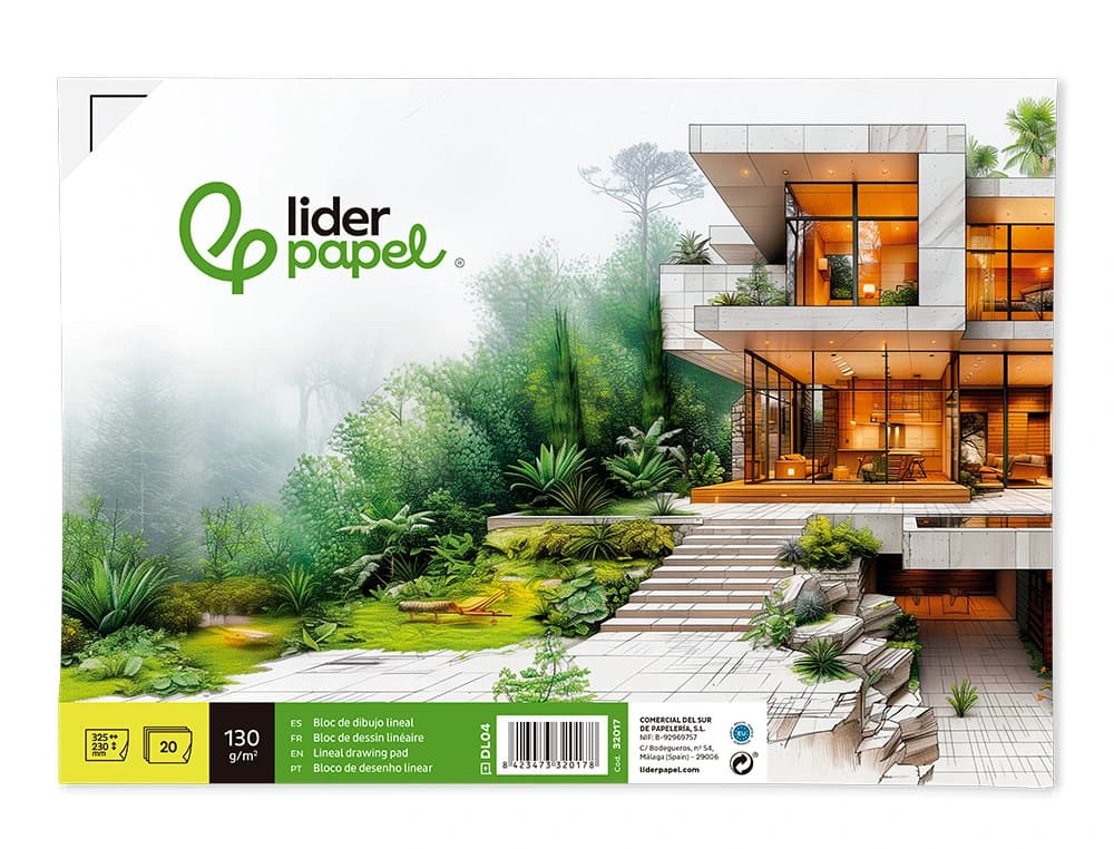 Bloc dibujo liderpapel lineal encolado 230x325mm 20 hojas 130 gr/m2 con recuadro