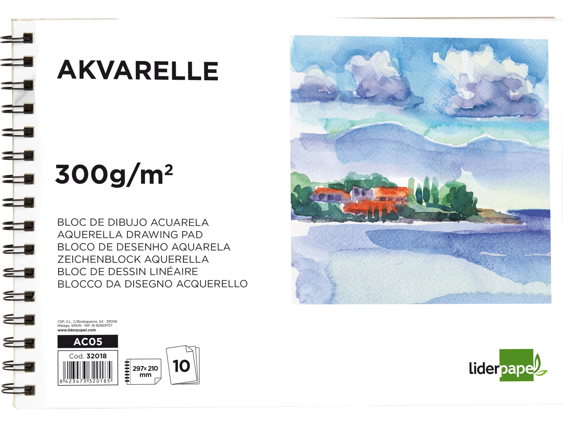 Bloc dibujo liderpapel acuarela espiral 297x210mm 10 hojas 300g/m2 sin recuadro