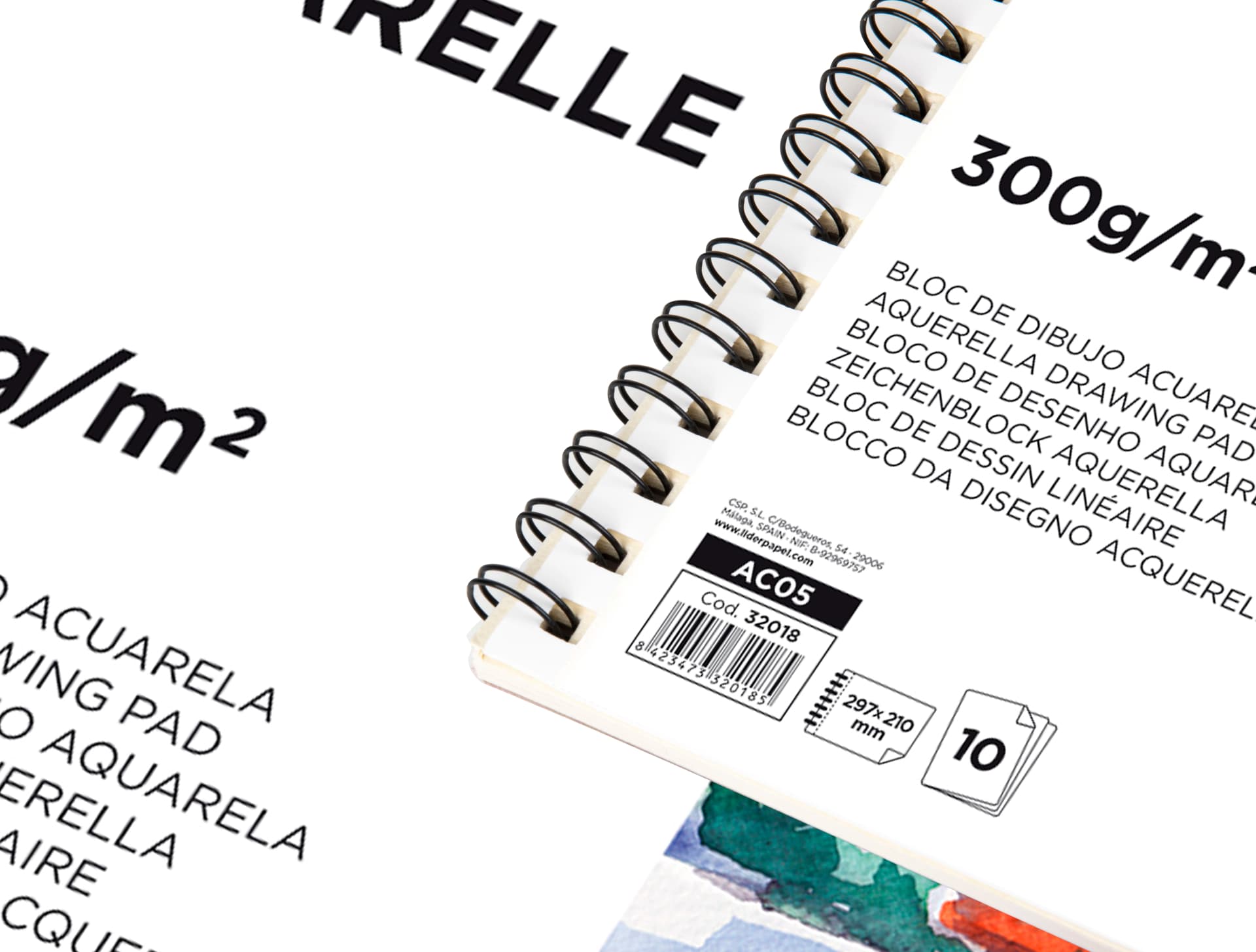 Bloc dibujo liderpapel acuarela espiral 297x210mm 10 hojas 300g/m2 sin recuadro