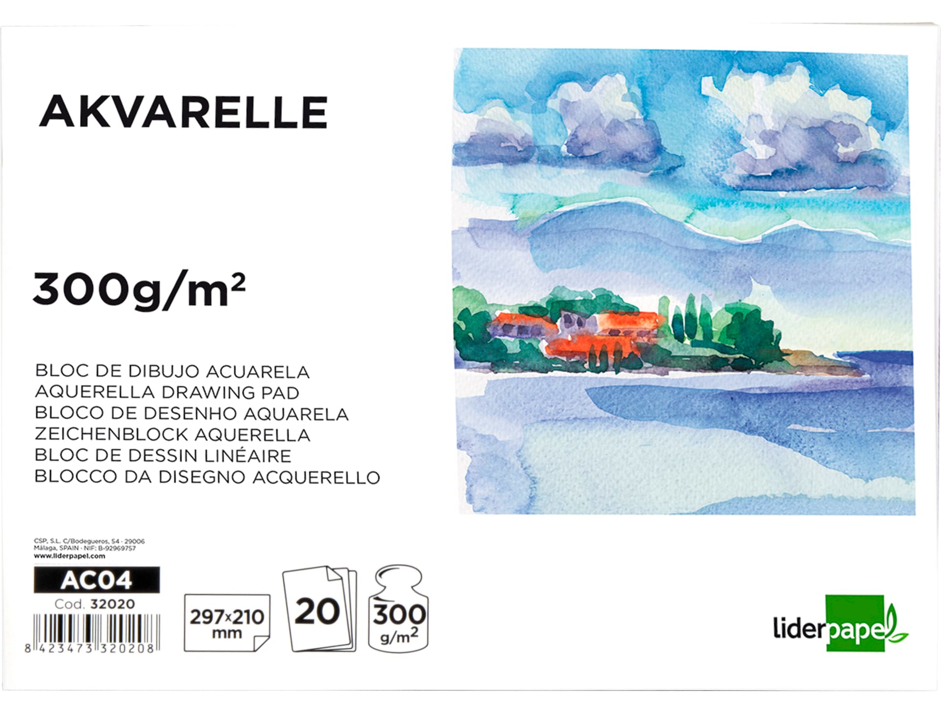 Bloc dibujo liderpapel acuarela encolado 210x297mm 20 hojas 300g/m2 sin recuadro