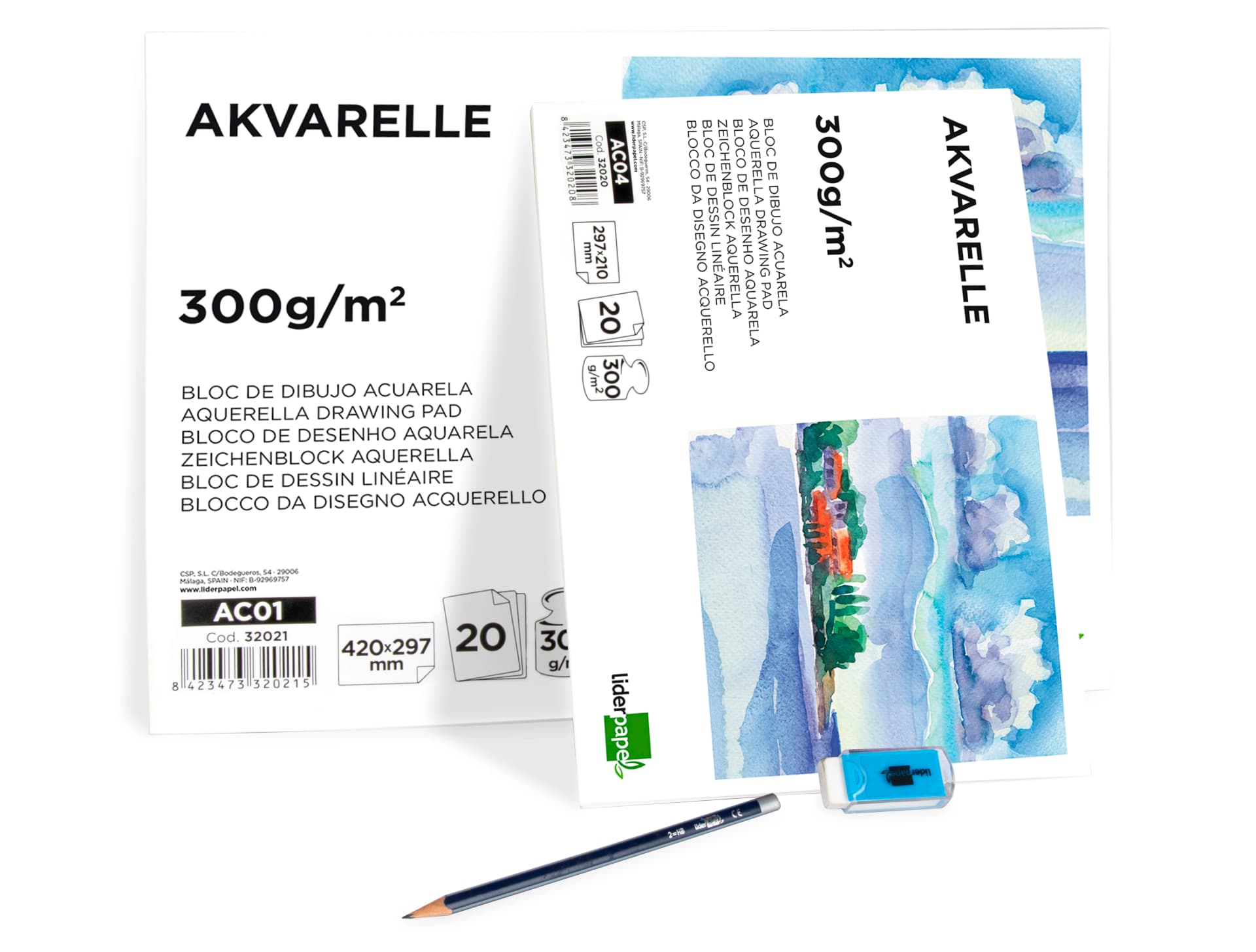 Bloc dibujo liderpapel acuarela encolado 297x420mm 20 hojas 300g m2 sin recuadro