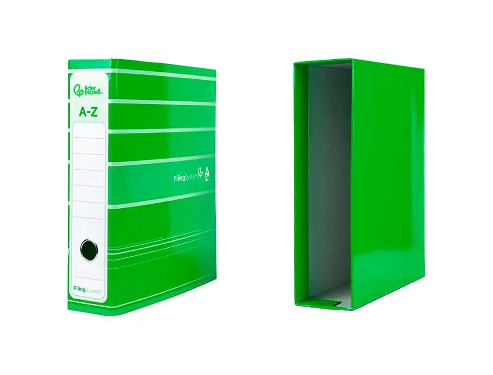 Archivador de palanca Liderpapel Filing System A4 de cartón forrado con caja, sin rado, lomo de 80 mm y compresor metálico – Verde
