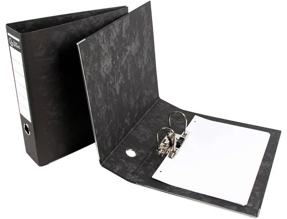 Archivador de palanca Liderpapel de cartón forrado jaspeado, sin rado, con compresor metálico y lomo de 80 mm – Negro