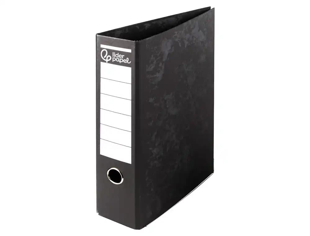 Archivador de palanca Liderpapel de cartón forrado jaspeado, sin rado, con compresor metálico y lomo de 80 mm – Negro