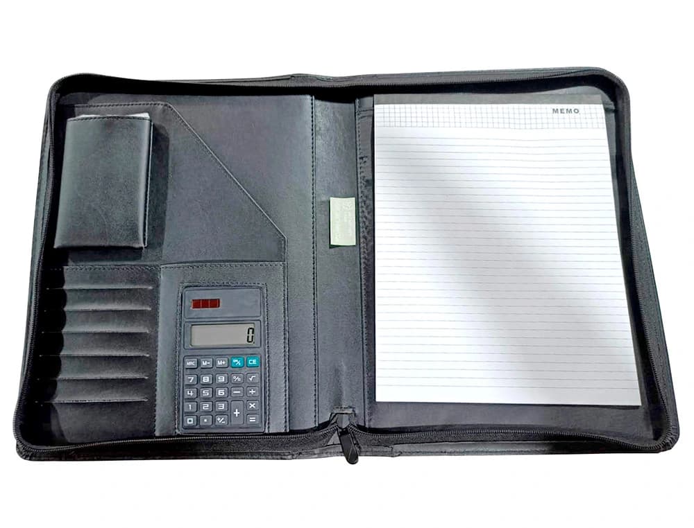Carpeta portafolios q-connect cremallera sin anillas con calculadora y bolsa para movil color negro 260x355 mm