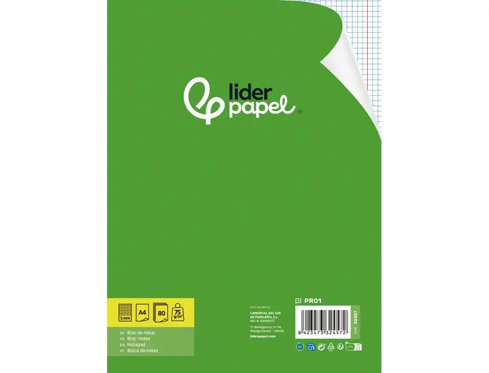Bloc notas liderpapel cuadro 5mm a4 80 hojas 60g/m2 encolado 4 taladros doble margen