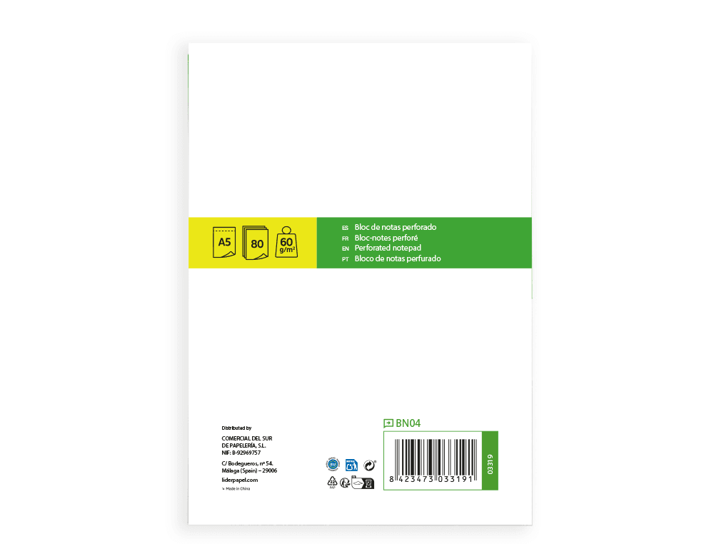 Bloc notas liderpapel liso a5 80 hojas 60g/m2 perforado