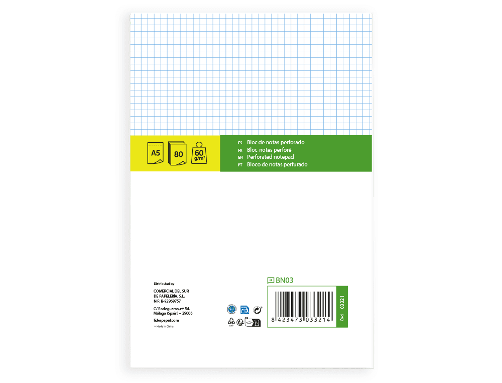 Bloc notas liderpapel cuadro 4mm a5 80 hojas 60g/m2 perforado