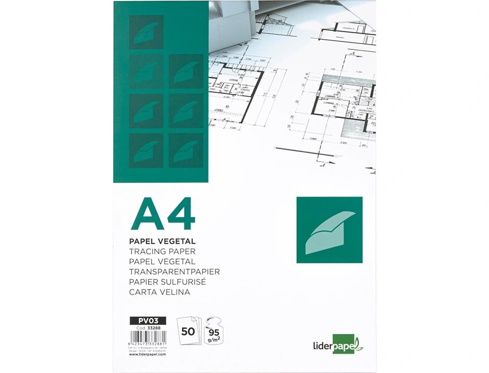 Bloc papel vegetal liderpapel encolado 50 hojas 210x297mm 95gr