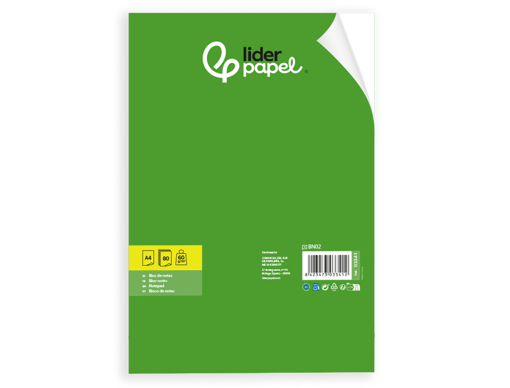 Bloc notas liderpapel liso a4 80 hojas 60g/m2