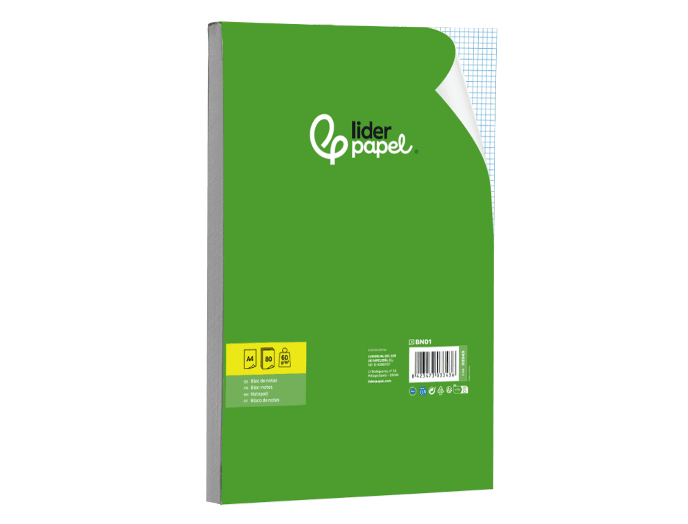 Bloc notas liderpapel cuadro 4mm a4 80 hojas 60g/m2