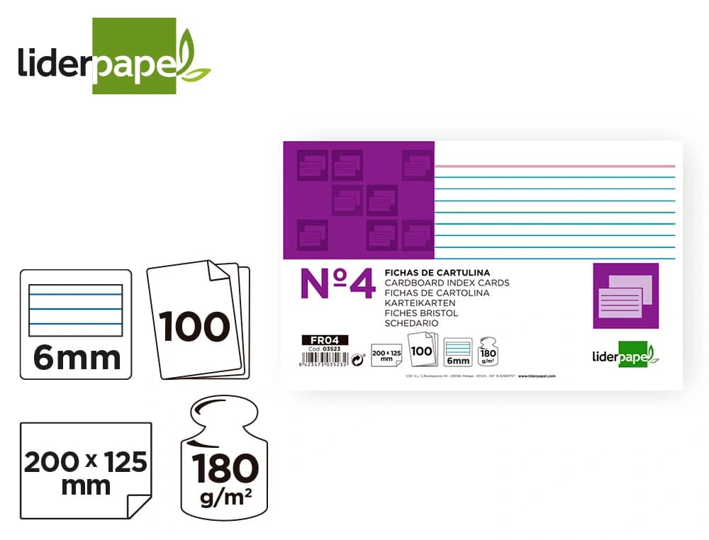Ficha liderpapel rayada nº4 125x200 mm 180gr paquete de 100 unidades