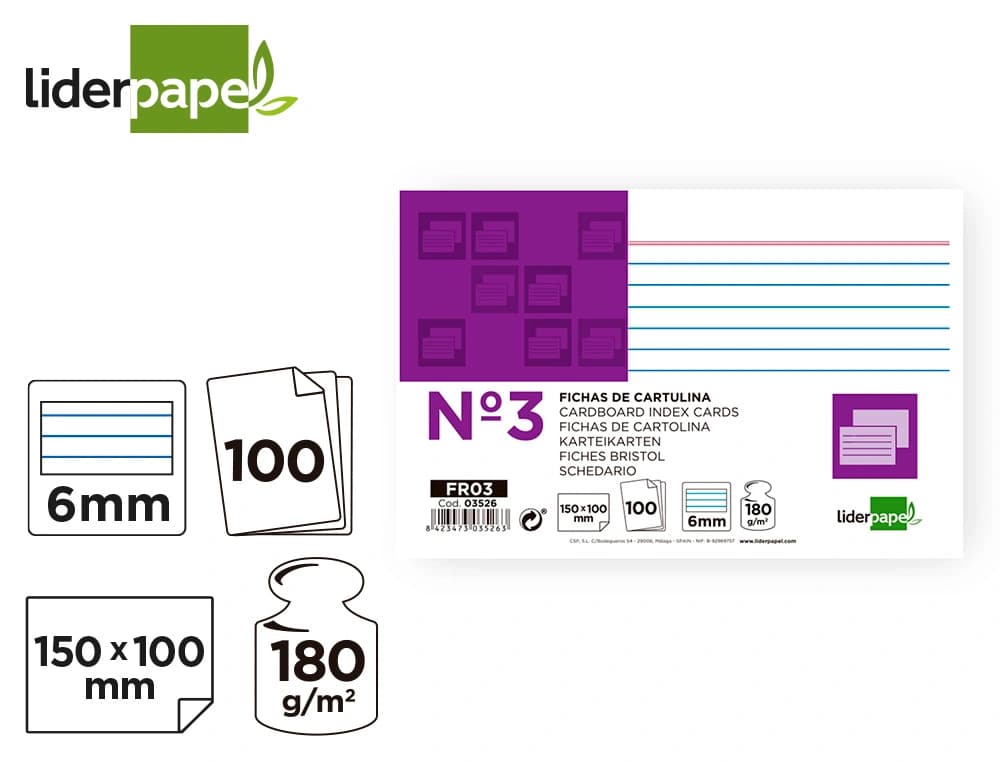 Ficha liderpapel rayada nº3 100x150 mm 180gr paquete de 100 unidades
