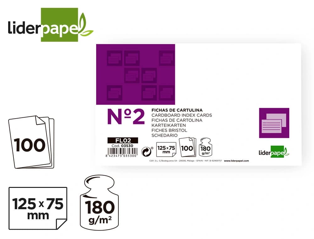 Ficha liderpapel lisa nº2 75x125mm 180gr paquete de 100 unidades