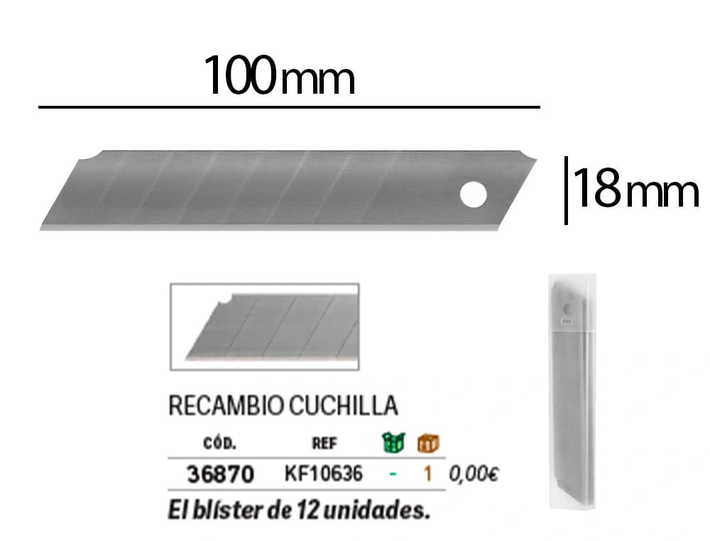 Repuesto cuter q-connect ancho para modelos kf10632/kf10635/kf10937/kf10634 cuchilla 18 mm blister 12 unidades