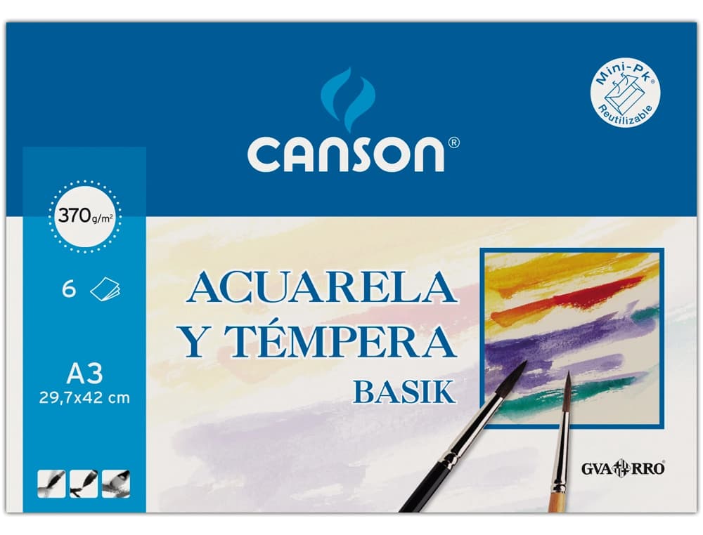 Papel para acuarela Canson Basik de 370 g, pack de 6 hojas – A3 · 370g