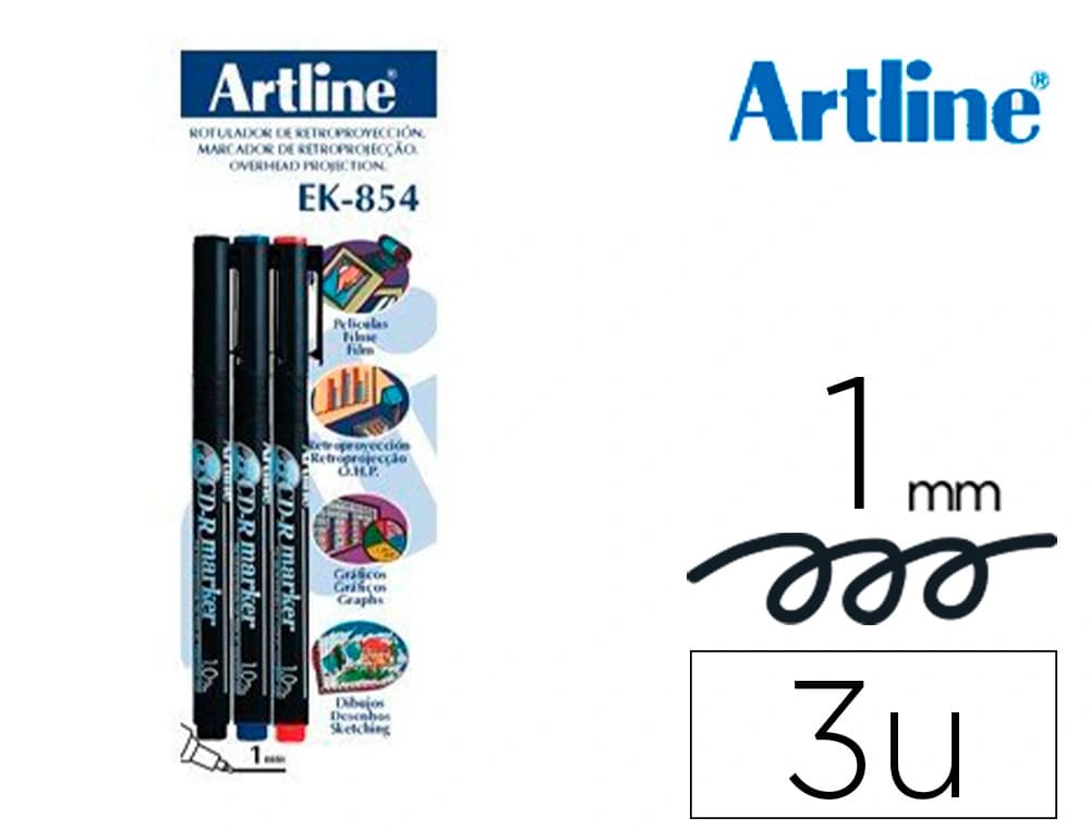 Artline Rotulador artline retroproyeccion punta fibra permanente ek-854 1 mm -blister de 3 (1-ne 1-az 1-ro)