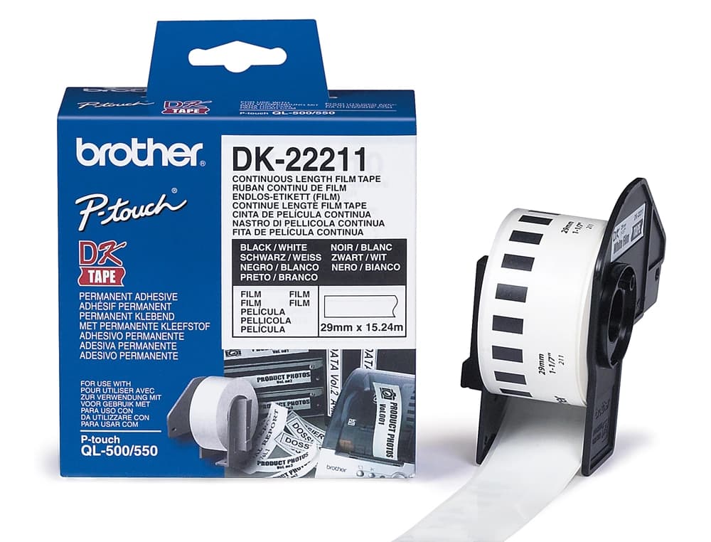 Etiqueta brother dk22211 cinta plastica continua adhesiva blanca 29mmx15,24 m