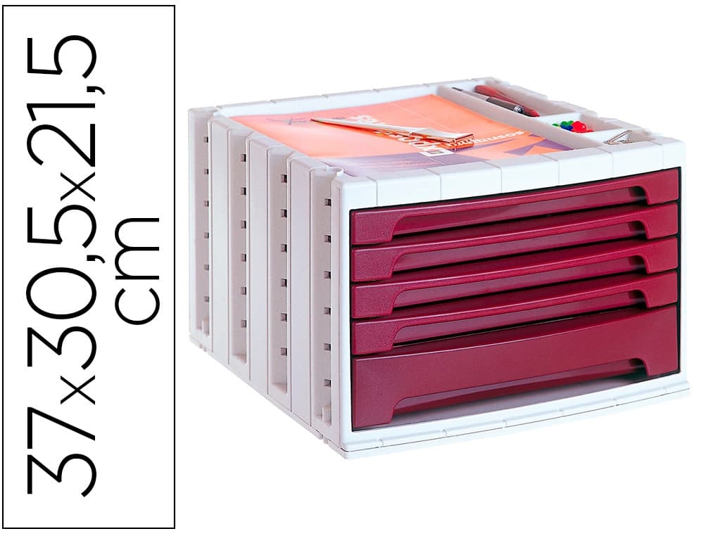 Archivo 2000 Fichero cajones de sobremesa archivo 2000 305x370x215 mm bandeja organizadora superior 5 cajones burdeos opaco