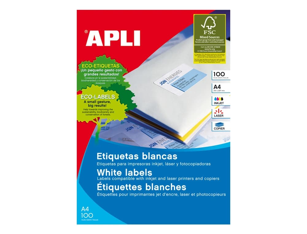Etiqueta adhesiva apli 1299 tamaño 105x29 mm para fotocopiadora laser ink-jet caja con 100 hojas din a4