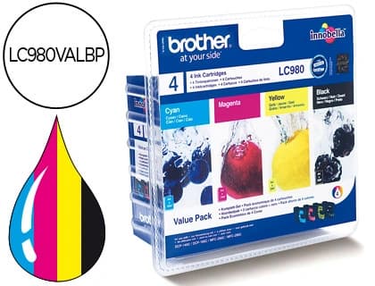 Brother Pack de 4 cartuchos de tinta originales Brother LC-980 en negro, magenta, amarillo y cian para DCP-145, DCP-165, MFC-250 y MFC-290