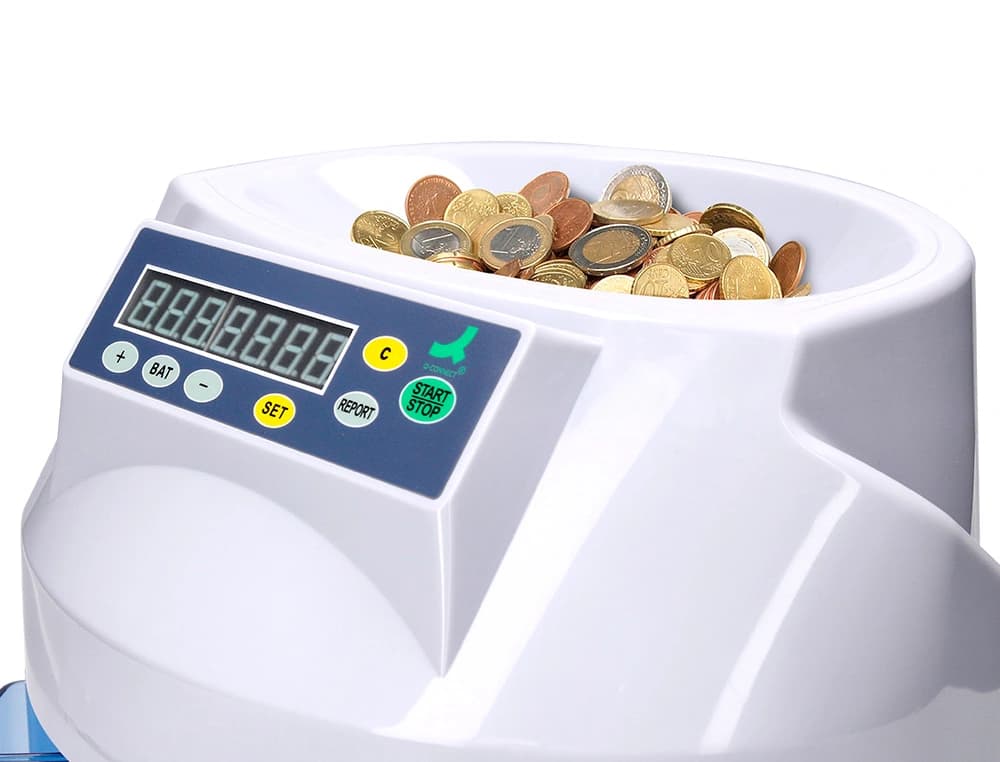 Contador y clasificador de mon edas q-connect suma resta y totaliza 216 monedas/minuto