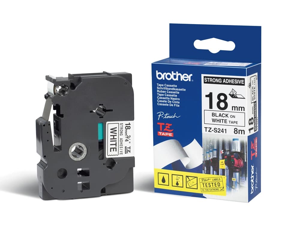 Cinta brother tzes241 blanco-negro 18mm longitud 8 m superadhesiva