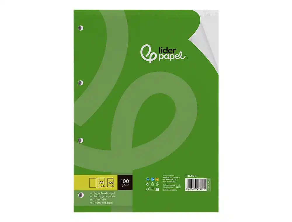 Recambio liderpapel a4 100 hojas 100gr liso sin margen 4 taladros