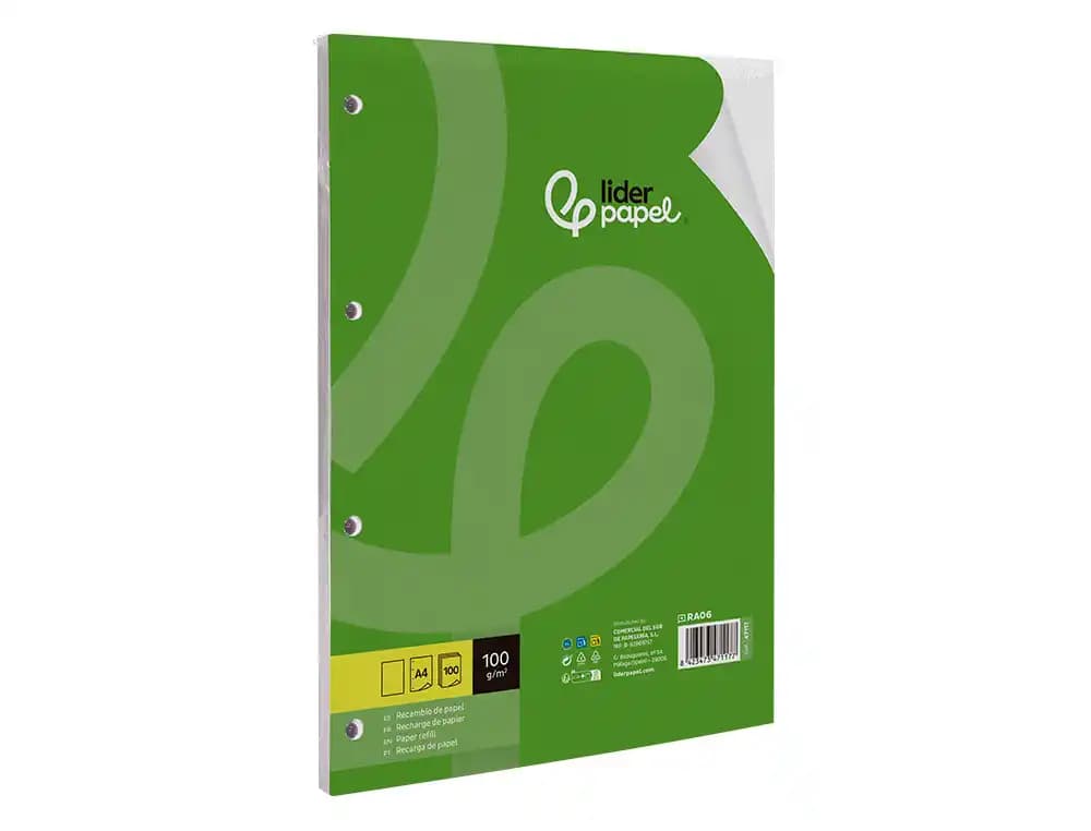 Recambio liderpapel a4 100 hojas 100gr liso sin margen 4 taladros