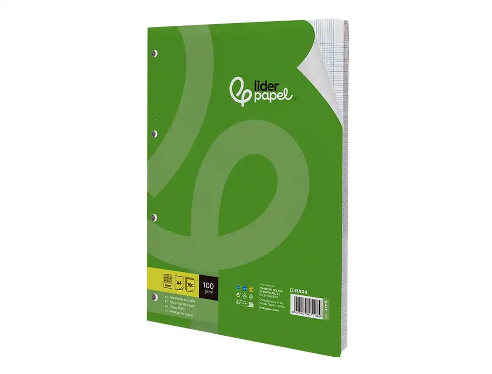 Recambio liderpapel a4 100 hojas 100gr milimetrado 2mm sin margen 4 taladros