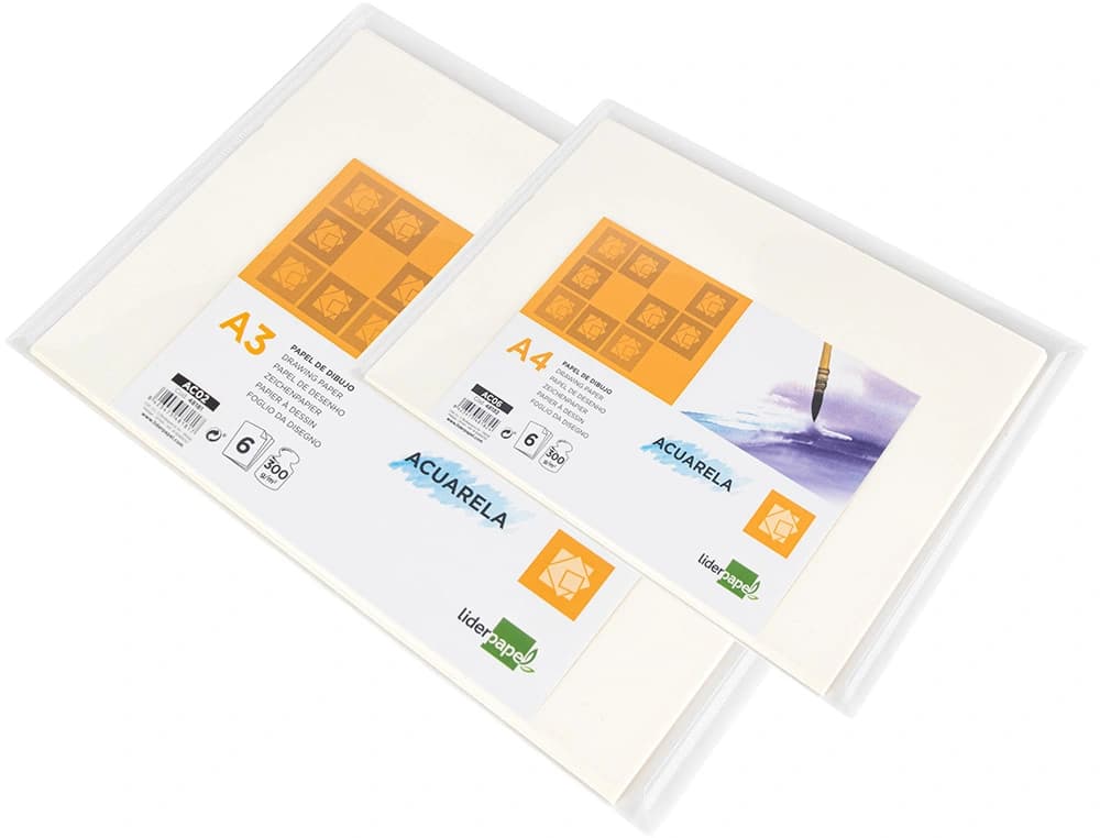 Papel dibujo liderpapel 297x420mm 300g/m2 acuarela pack de 6 hojas