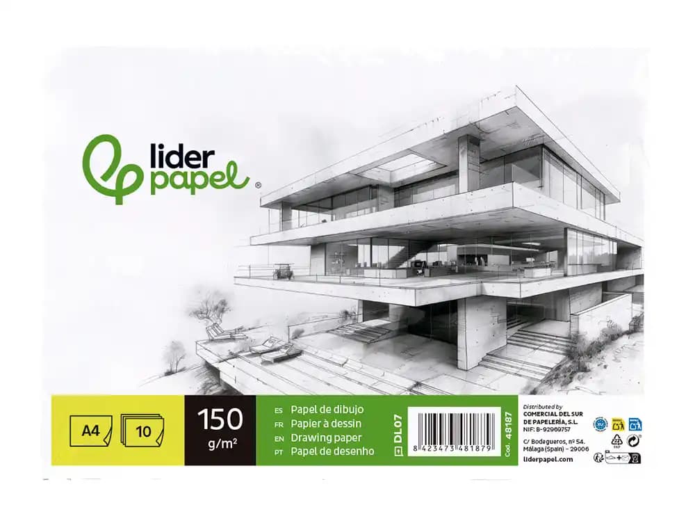 Papel dibujo liderpapel 210x297mm 150g/m2 sin recuadro pack de 10 hojas