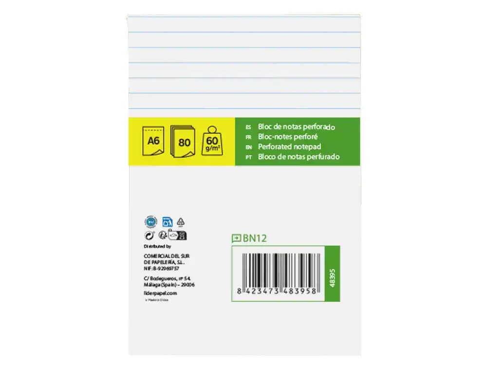 Bloc notas liderpapel horizontal a6 80 hojas 60g/m2 perforado