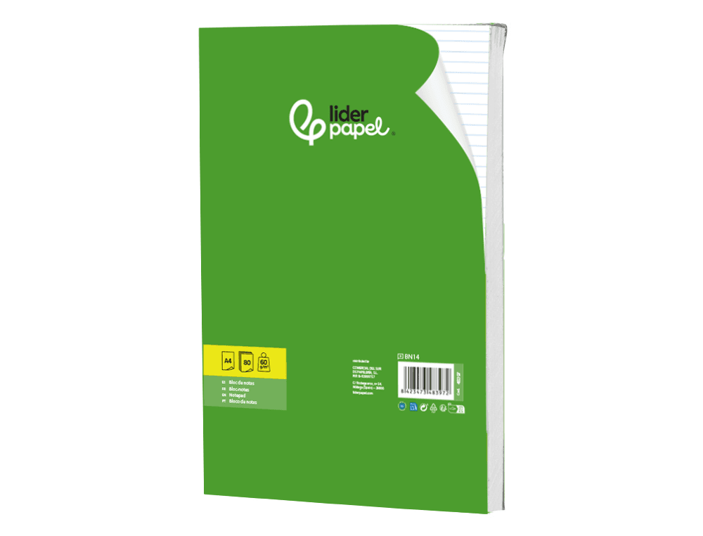 Bloc notas liderpapel horizontal a4 80 hojas 60g/m2