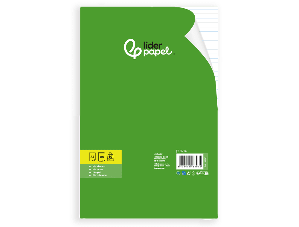Bloc notas liderpapel horizontal a4 80 hojas 60g/m2
