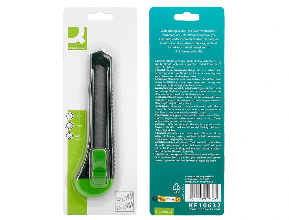 Cuter q-connect plastico ancho con asa para colgar cuchilla 18 mm xd-43 blister 1 unidad