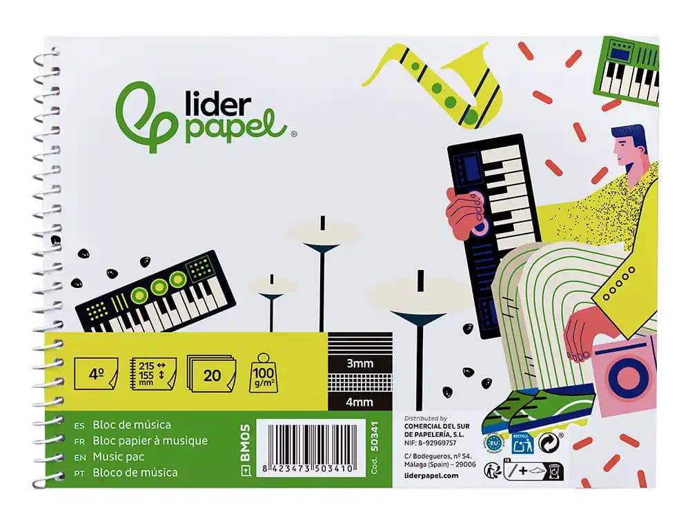 Bloc musica liderpapel combi pentagrama 3mm mas cuadricula de 4mm para anotaciones cuarto20 hojas 100g/m2