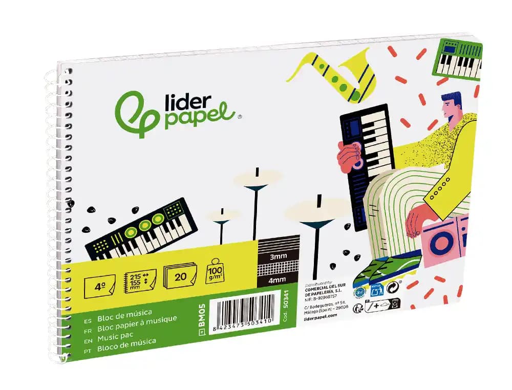 Bloc musica liderpapel combi pentagrama 3mm mas cuadricula de 4mm para anotaciones cuarto20 hojas 100g/m2
