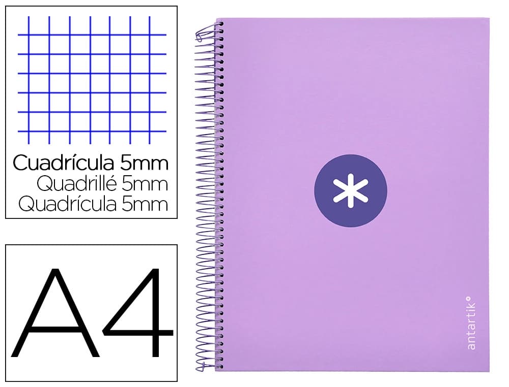 Cuaderno espiral a4 micro antartik tapa forrada 120h 90 gr cuadro 5mm 5 bandas 4 taladros color lavanda