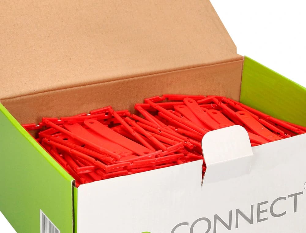 Encuadernador fastener q-connect plastico d-clips color rojo caja de 100 unidades