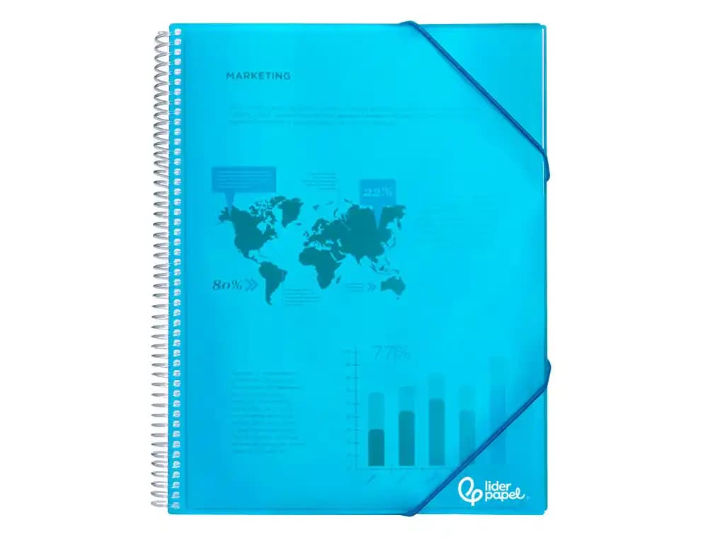 Carpeta escaparate Liderpapel A4 de polipropileno con espiral y 10 fundas, cierre con gomilla – Azul