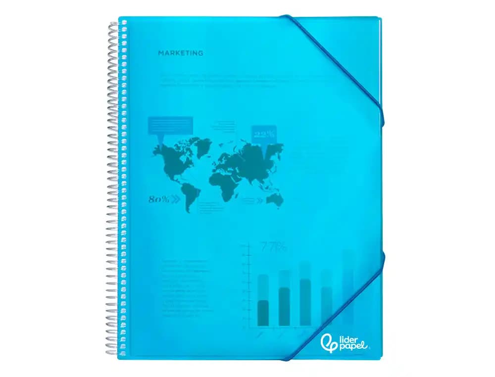 Carpeta escaparate Liderpapel A4 de polipropileno con espiral y 30 fundas, cierre con gomilla – Azul