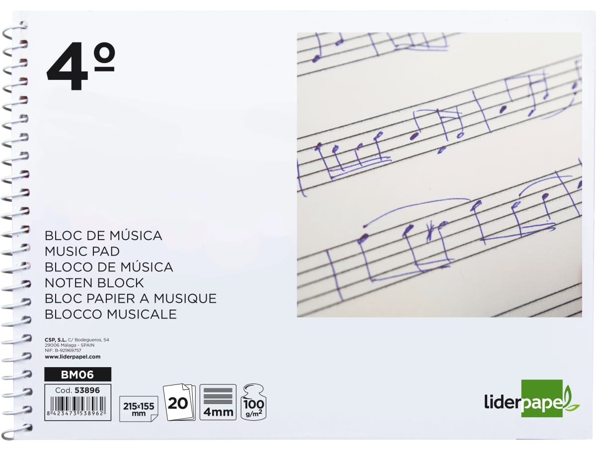 Bloc musica liderpapel pentagrama 4mm cuarto 20 hojas 100g/m2