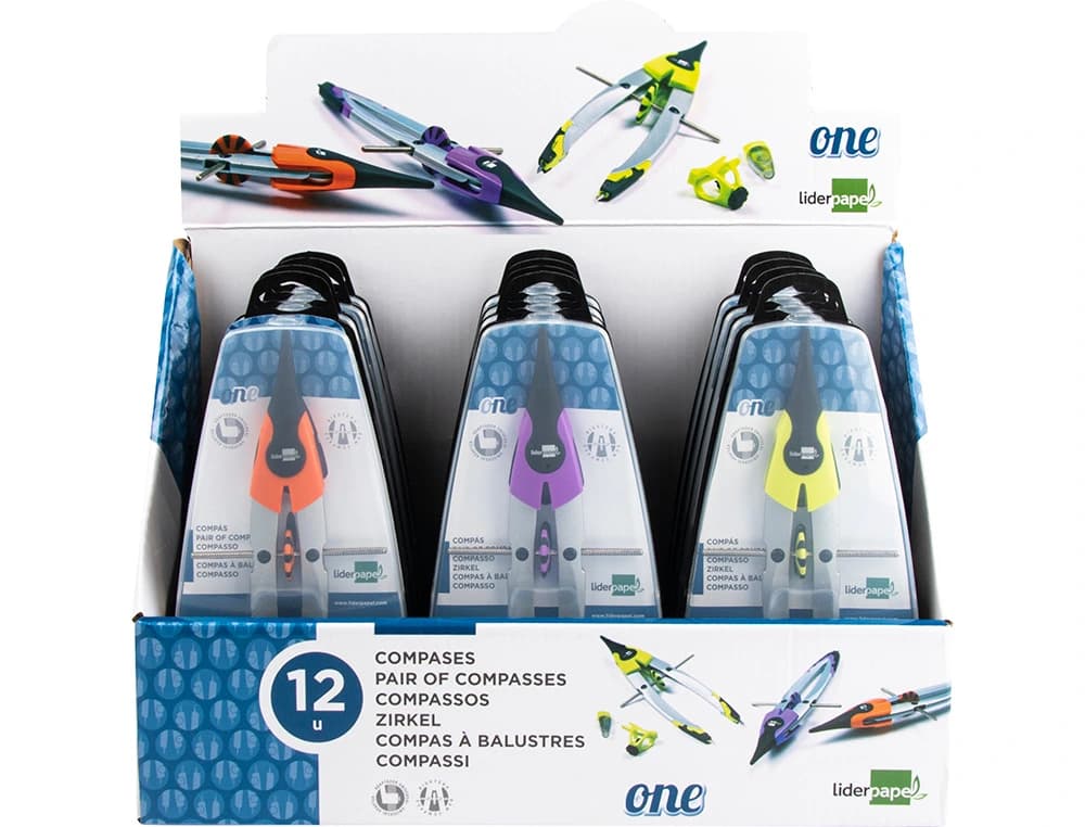 Compas liderpapel one con bigotera adaptador universal yminas colores surtidos
