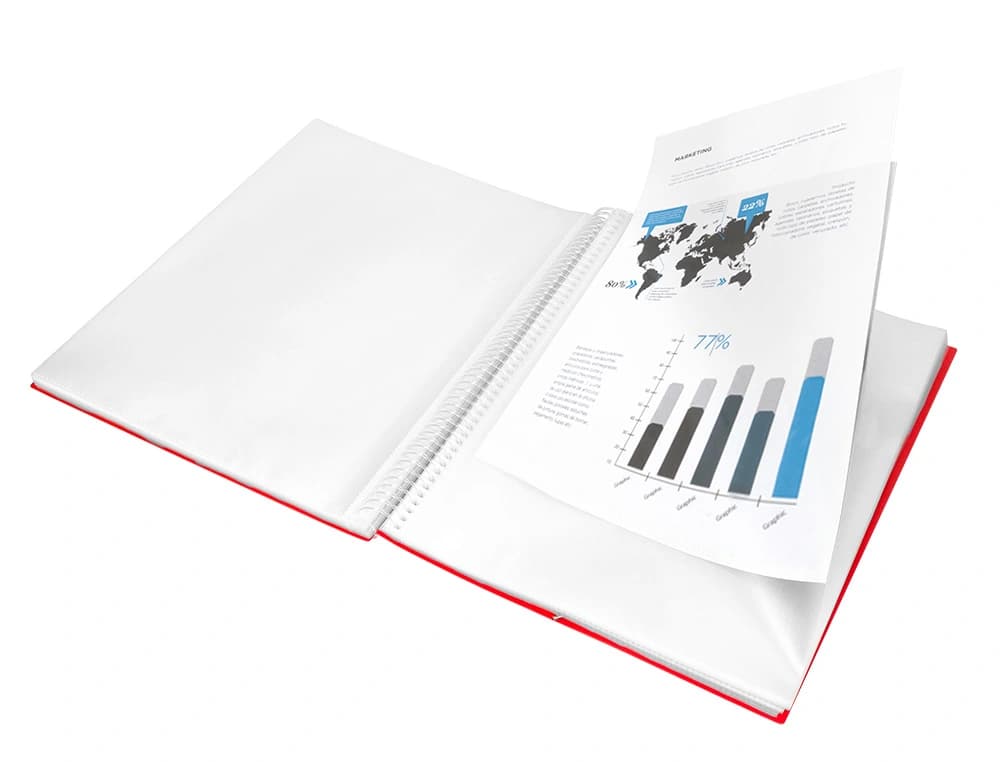 Carpeta escaparate Liderpapel A4 de polipropileno con espiral y 60 fundas, cierre con gomilla – Rojo
