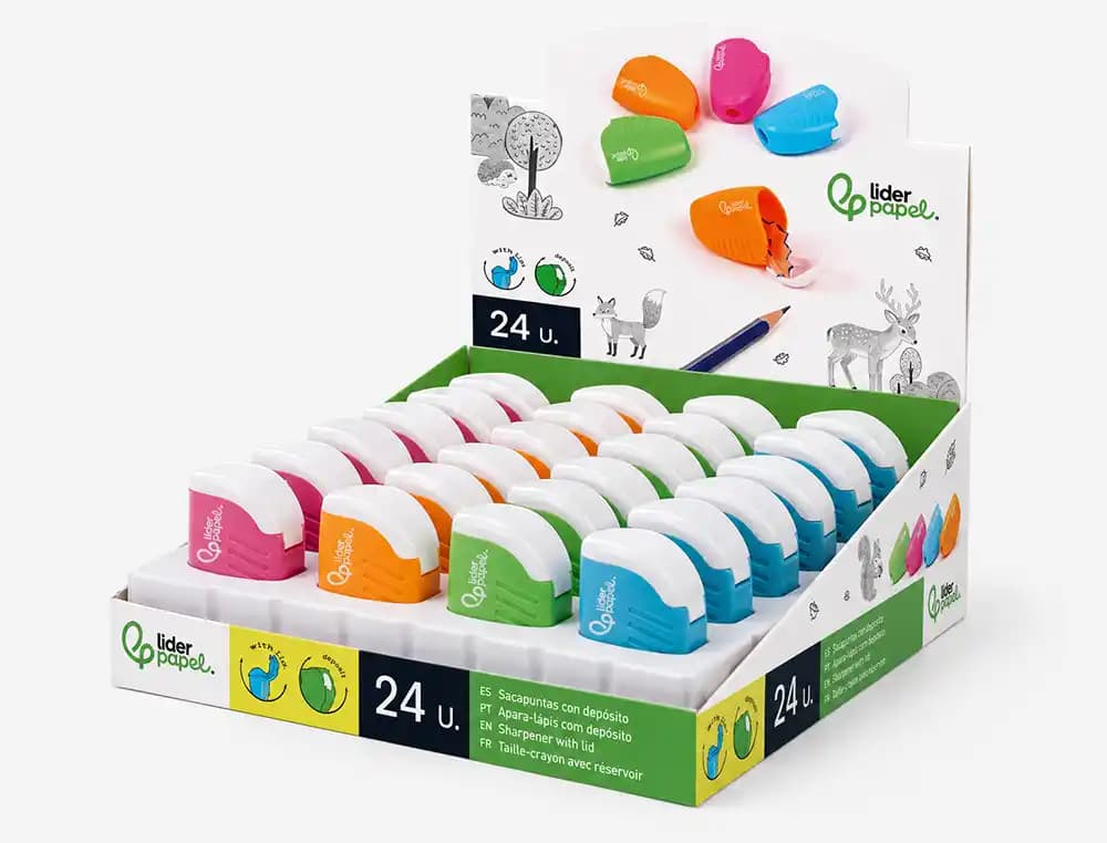 Sacapuntas liderpapel plastico 1 uso con deposito colores surtidos